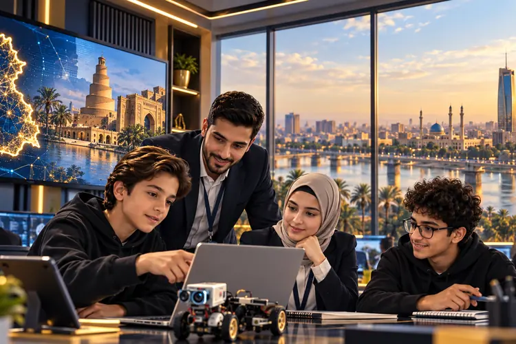 Learners and a trainer building a robot, with the Tigris in Baghdad behind them