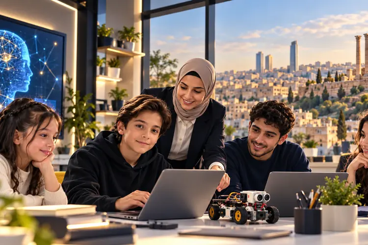 Learners and a trainer working together, with Amman's Citadel on the skyline